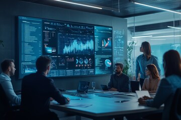 Obraz premium Diverse Professionals Collaborating in Modern Boardroom. Interactive Digital Screen Meeting.