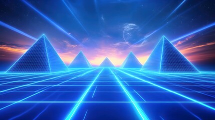 Futuristic Neon Abstract Landscape with Pyramids