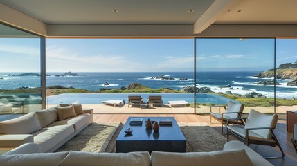 Fototapeta premium Modern Living Room with Stunning Ocean View and Infinity Pool