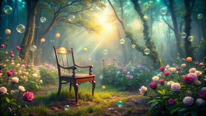 Surreal Old Wooden Chair in Enchanted Forest Setting with Dreamlike Elements