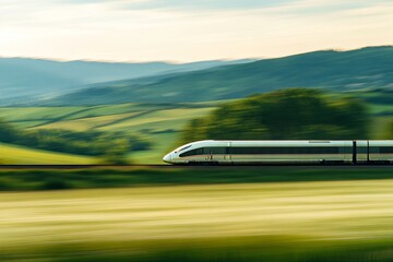 High-Speed Train Zooming Past Countryside. Motion Blur and Green Hills.