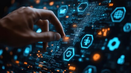 A finger interacts with a futuristic digital interface displaying glowing icons and data. .