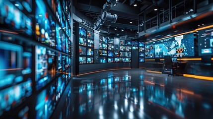 A futuristic control room with a wall of screens displaying data and information. .