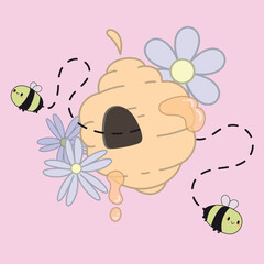 Cute bees in hive flying around. vector illustration