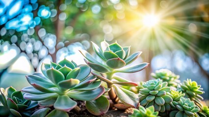 Fototapeta premium Surreal Young Green Plants with Succulent Leaves Illuminated by Sunlight in Soft Bokeh Background