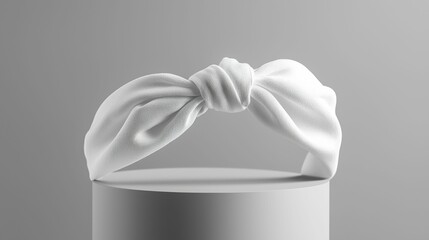 A realistic display featuring a white fabric headband tied in a knot, positioned elegantly on a minimalist cylindrical pedestal against a neutral background.