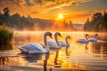 Naklejka premium Swans Gliding on a Serene Lake at Golden Sunrise - Majestic Nature Photography