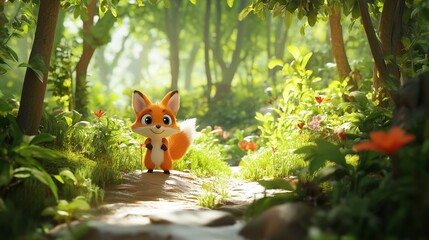 A cheerful orange fox stands on a forest path surrounded by vibrant flowers and tall trees in the early morning light