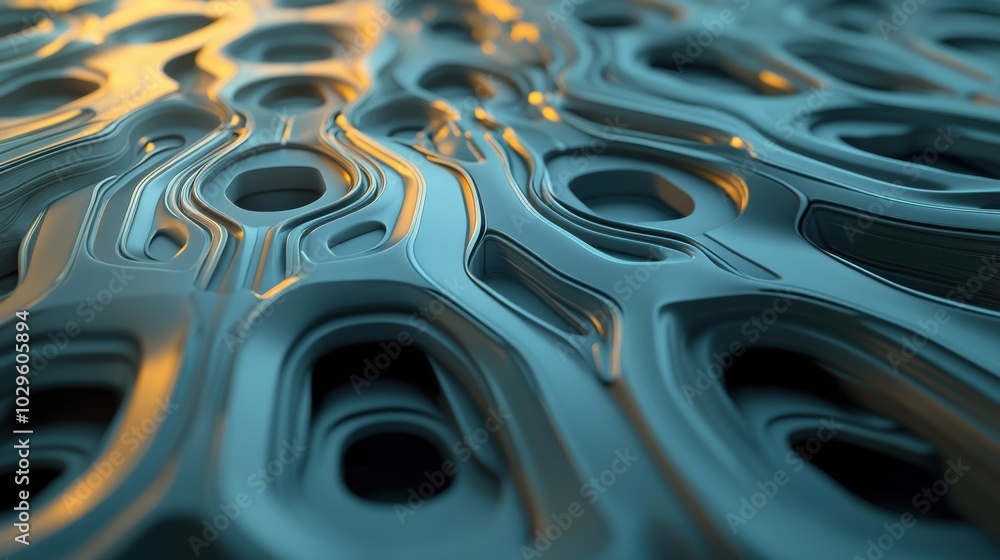 Poster abstract 3d surface with flowing patterns and golden highlights, ai