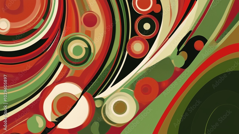 Poster vibrant abstract art composition with swirling patterns and circular shapes in warm tones exploring 