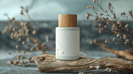 A minimalist product display of a white jar with a wooden lid, surrounded by dried flowers on a natural wooden surface, creating a serene ambiance.