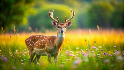 Tilt-Shift Photography of a Majestic Male Axis Deer in Lush Landscape