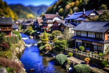 Obraz premium Tilt-Shift Photography of Charming Mountain Houses with Lush Gardens and Serene River View
