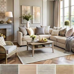 Fototapeta premium A tranquil living room with a neutral color scheme, highlighted by bold textures in the furniture, offering a welcoming vibe.generative ai
