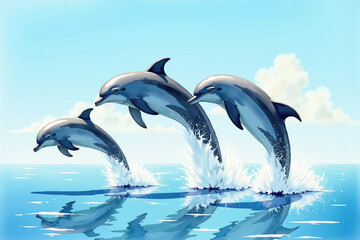 Fototapeta premium Three dolphins jumping out of water in perfect formation