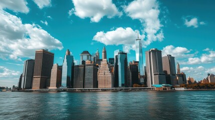 Fototapeta premium A panoramic view of a city skyline reflecting in the water under a vibrant sky.