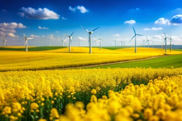 Tilt-Shift View of Wind Turbines and Power Lines in Flowering Rapeseed Field in Germany