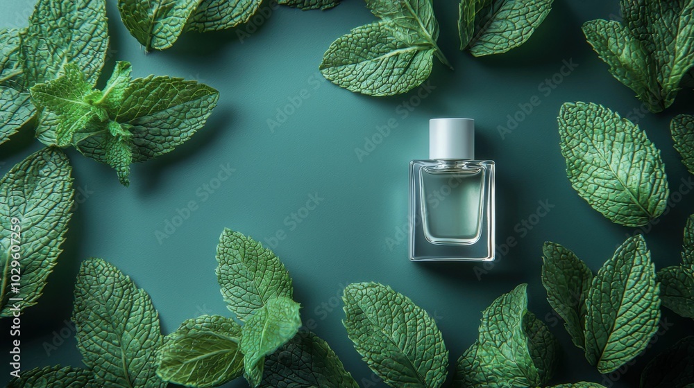 Canvas Prints A stylish perfume bottle is elegantly placed amidst fresh mint leaves, creating a fresh and aromatic presentation. Perfect for showcasing luxury fragrances.