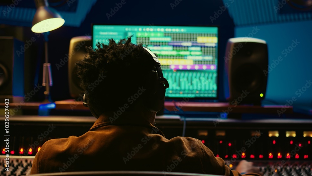 Poster Music producer recording and editing tracks in control room, pressing buttons to create sound effects in post production. Audio technician operates on professional studio equipment. Camera B.