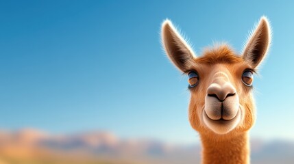 Obraz premium A llama with a joyful expression stands under a bright blue sky; the clear atmosphere and cheerful demeanor make for a lively and uplifting scene full of life.
