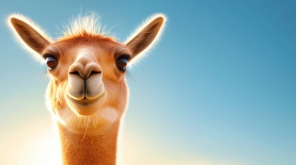 Obraz premium The llama appears to be smiling or content, with its bright and shiny fur glowing in the sunlight, evoking feelings of warmth and happiness in the sunny sky backdrop.
