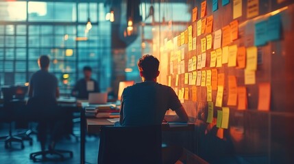 Fototapeta premium Silhouette of a man sitting at a desk in a modern office with a wall of sticky notes, concept for business planning, teamwork collaboration and creative brainstorming