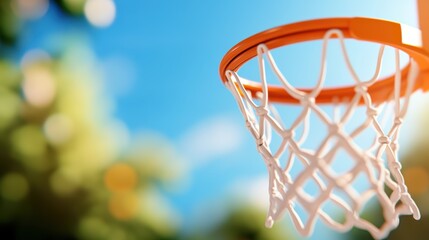 A basketball hoop is captured outdoor with bright surroundings, symbolizing active pursuits and leisure, highlighting vibrant and vivid elements involved in sports.