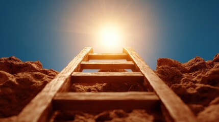 A wooden ladder ascends through rugged rocky terrain toward a glaring sun, representing determination, challenge, and perseverance in a dramatic landscape setting.