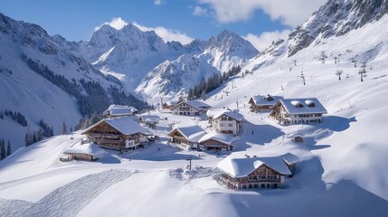A picturesque snowy village nestled in the mountains under a clear blue sky.