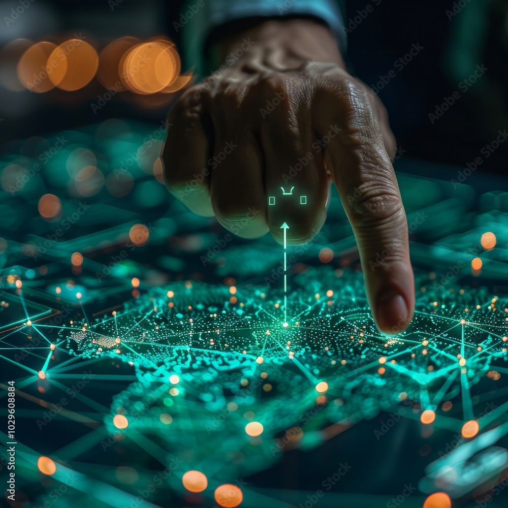 Poster a hand points at a vibrant digital map displaying global connections and data flows, with illuminate