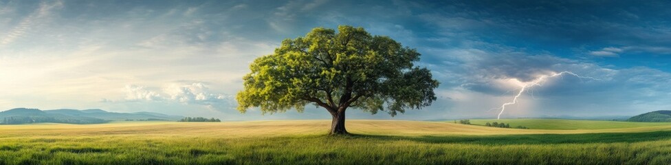 Fototapeta premium Majestic tree stands alone in a vast field under a dramatic sky with lightning, AI