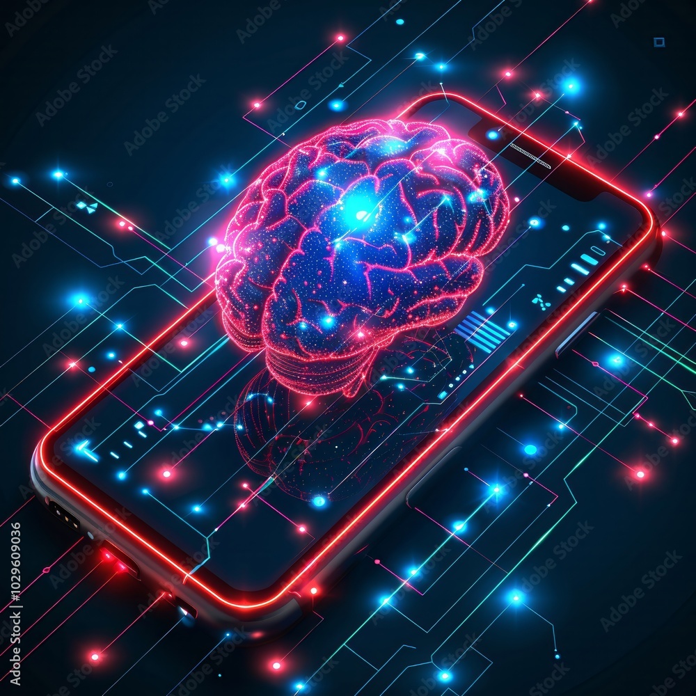 Poster a vibrant digital brain appears on a smartphone, showcasing intricate circuits and glowing lights. t