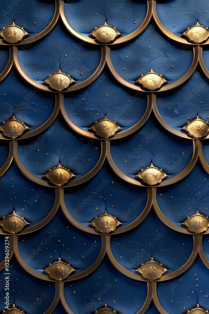 Poster the wall features an intricate pattern of overlapping blue scales adorned with golden embellishments