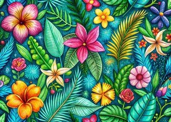 Tropical Floral Doodle Pattern - Bright Crayon-Like Jungle Blossoms for Kids' Art and Design