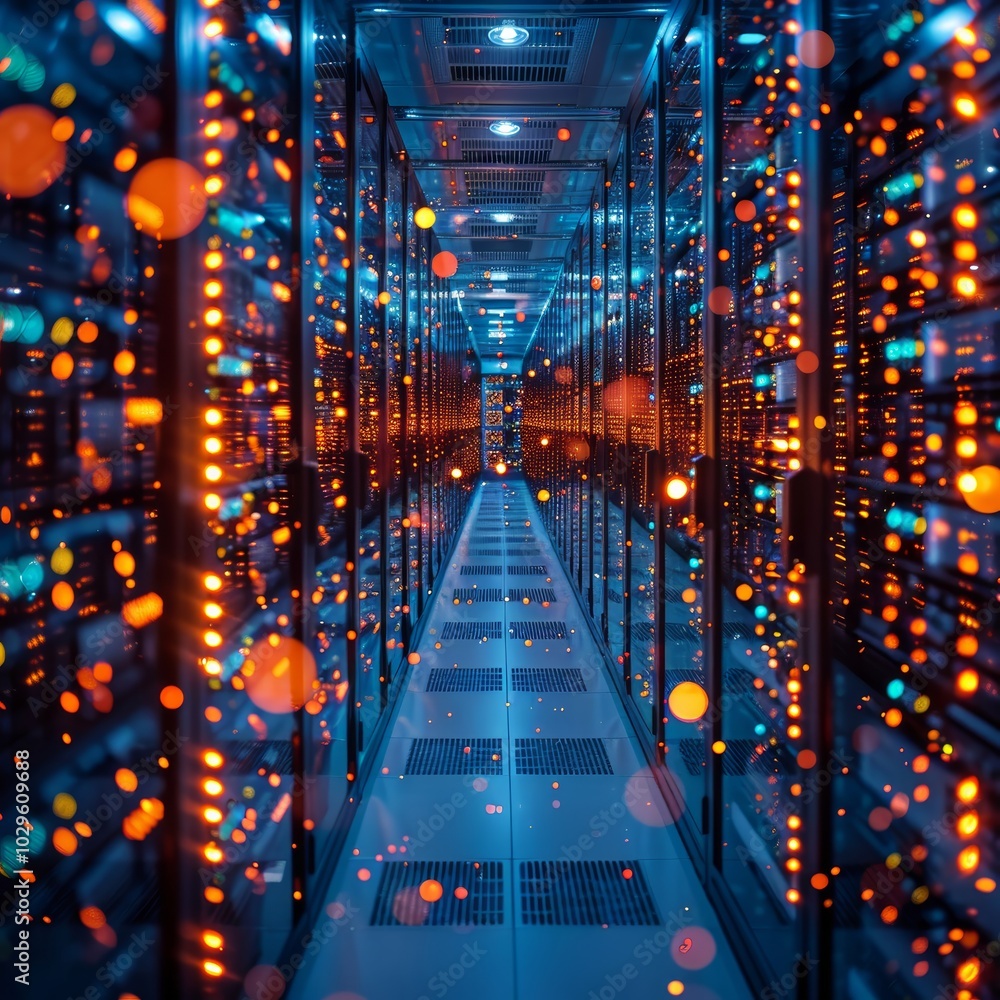 Poster this scene showcases a data center's long corridor filled with servers. the ambient lighting creates