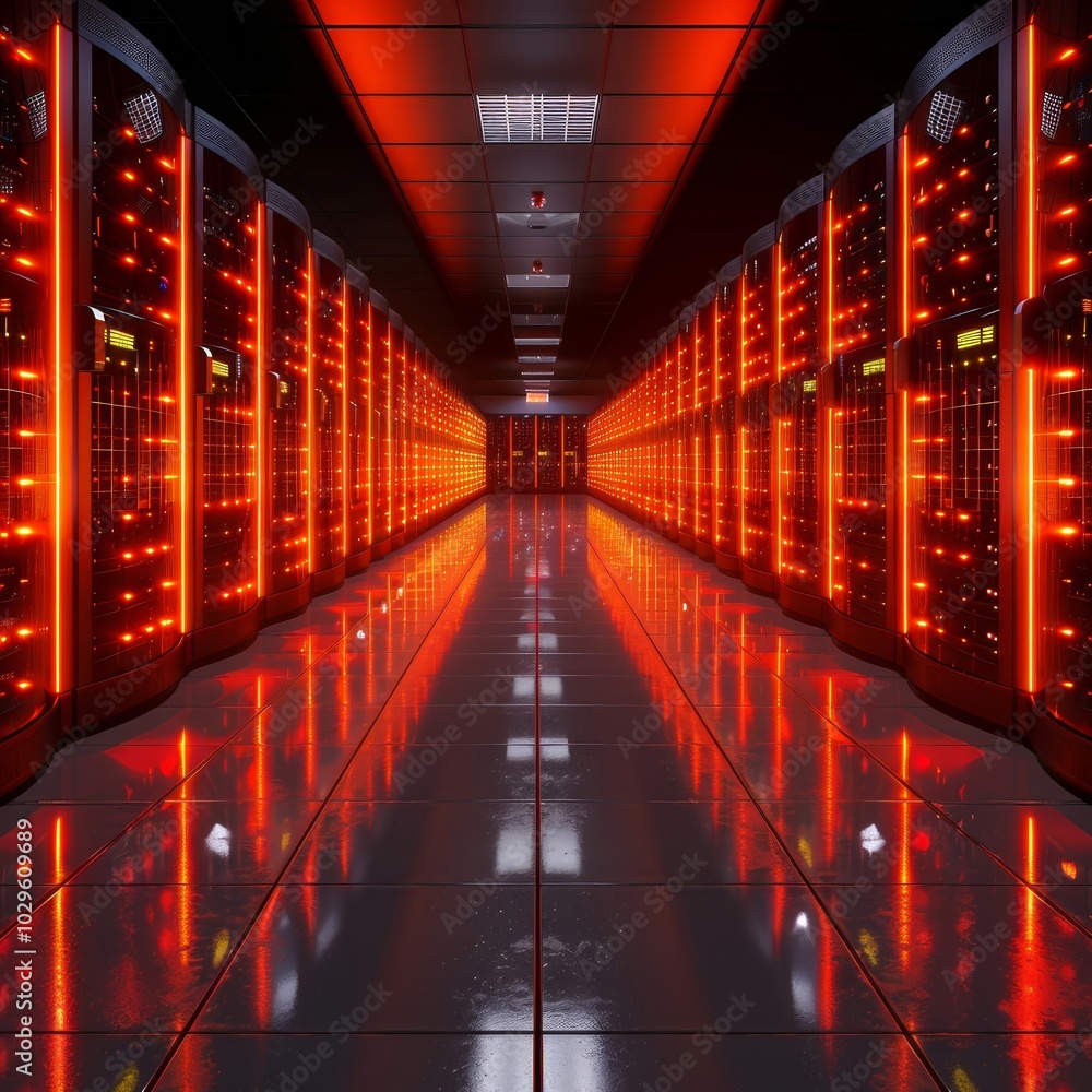 Poster a spacious, modern data center illuminated by vibrant red lights from rows of servers, creating a st