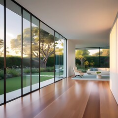 Obraz premium Bright modern living room with expansive windows showcasing a sunny view, enhancing the indoor-outdoor atmosphere.generative ai