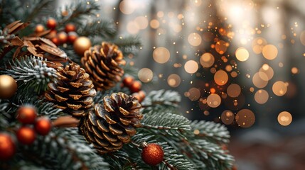 Obraz premium Golden-accented pinecones nestled in evergreen branches create a cozy holiday atmosphere, enhanced by soft bokeh lights in the background, evoking warmth during the festive season. Copy space