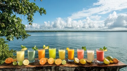 Fototapeta premium Refreshing Fruit Smoothies by the Ocean