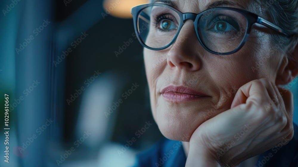 Poster professional woman reflecting while working on a computer in a digital marketing or web design envir