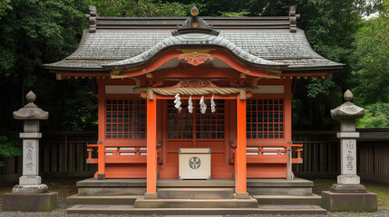 three-dimensional illustration of japanese shinto shrine in forest