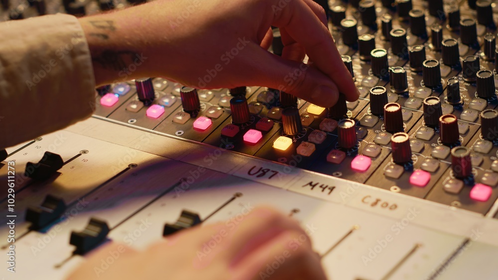 Poster Sound designer manipulating sound effects to enhance tunes on audio recordings, processing and mixing tracks to create a new song. Professional expert works in control room at studio. Camera A.