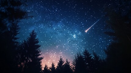 Fototapeta premium Starlit sky above a forest with a shooting star shining brightly during twilight