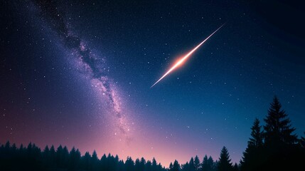 Fototapeta premium A brilliant meteor streaks across a starry night sky above a tranquil forest landscape