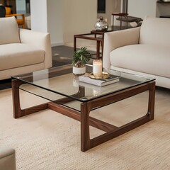 Cozy living room showcasing a glass coffee table with a wooden frame surrounded by elegant white furniture.generative ai