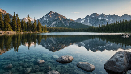 Obraz premium Crystal clear lake reflecting the surrounding mountain range, with a few trees and rocks in the foreground.