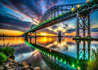 Obraz premium Urban Exploration of the Iconic Green Bay Bridge at Dusk – Captivating Views and Industrial Vibes