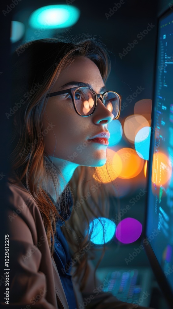 Poster female professional working late in an office, focusing on database management and web analysis for 