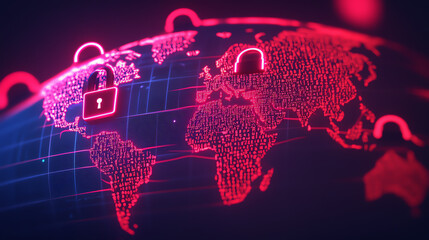 A futuristic depiction of a world map with digital padlocks and network patterns, representing global cybersecurity and data protection in a vibrant red color scheme.