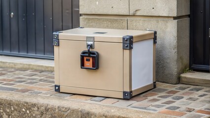 Storage box with a lock against a rustic stone wall.